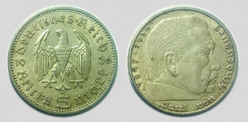 1936 Paul von Hindenburg 5 mark